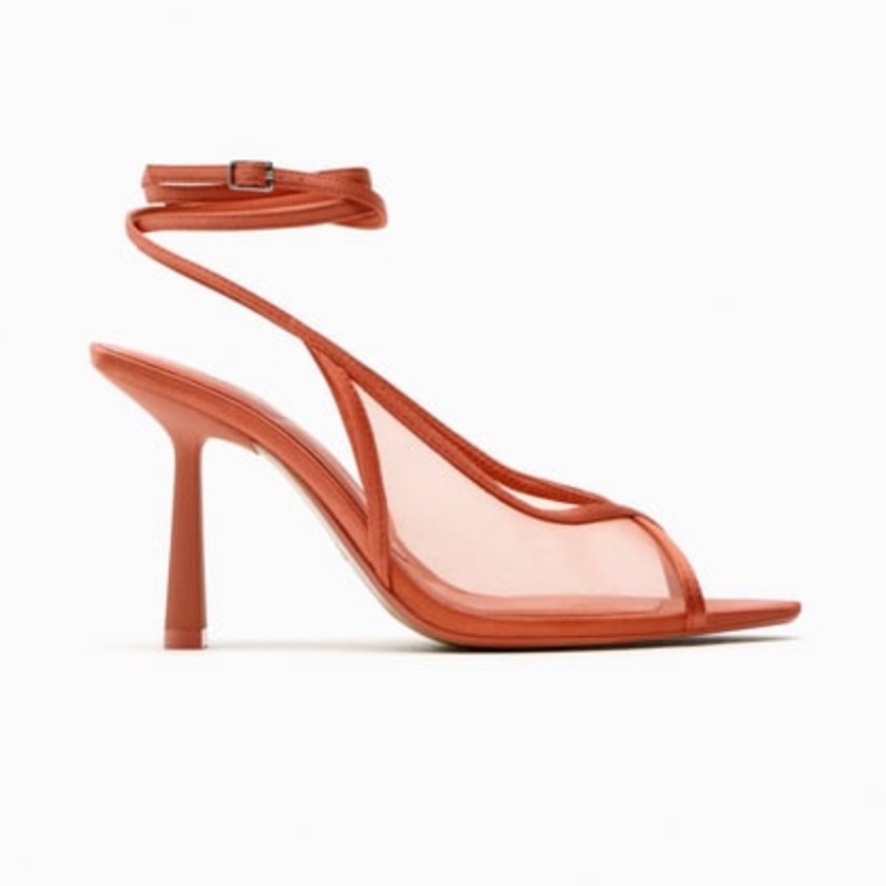 Zara mesh heeled sandals, coral, size 6
